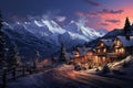 A snowy mountain landscape with cozy chalet. Generative AI