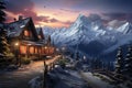 A snowy mountain landscape with cozy chalet. Generative AI