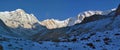 Snowy Mountain Landscape Panorama in Himalaya. Sunrise Annapurna South peak, Annapurna Base Camp Track.