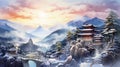 Snowy Mountain Pagoda: Manga-style Watercolor Illustration In 8k Resolution Royalty Free Stock Photo