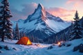 Snowy mountain peak looms over tranquil campsite , trees, clouds, campsite Royalty Free Stock Photo