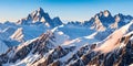 Snowy mountain peaks under a sky panorama. Generative AI Royalty Free Stock Photo