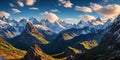 Snowy mountain peaks under a sky panorama. Generative AI. Royalty Free Stock Photo