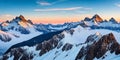 Snowy mountain peaks under a sky panorama. Generative AI. Royalty Free Stock Photo