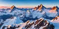 Snowy mountain peaks under a sky panorama. Generative AI. Royalty Free Stock Photo