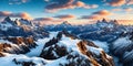 Snowy mountain peaks under a sky panorama. Generative AI. Royalty Free Stock Photo