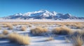 Snowy mountain range with dry grass in foreground under clear blue sky. ai generative Royalty Free Stock Photo