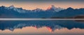 Snowy mountain range reflected in the still water of Lake Pukaki, Mount Cook, South Island, New Zealand. The turquoise water. Royalty Free Stock Photo
