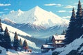 Snowy Mountain Range With A Ski Resort. Generative AI