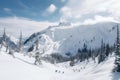 snowy mountain range, with skiers and snowshoers enjoying the winter scenery