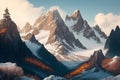 A snowy mountain range with trees and clouds image generated by Ai