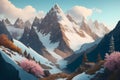 A snowy mountain range with trees and clouds image generated by Ai