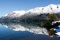 Snowy mountain reflected in Lake Guillelmo in Bariloche, Argentina