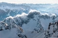 Snowy mountain ridge with a blizzard