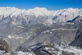 Snowy mountain ridge and group of the hotels in Rosa Khutor ski resort Sochi