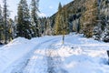 Snowy mountain road through a pine forest in winter Royalty Free Stock Photo