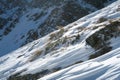 Snowy mountain slope after the avalanche. Caucasian Mountains. Russia