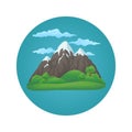 Snowy mountain with three peaks with clouds, green hills, lush green trees and clouds on a blue circle.