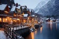 Snowy mountain village at dusk, cozy cabins, winter painting in cool blue and soft white palette