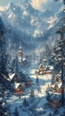 Snowy mountain village painting. Generative AI Royalty Free Stock Photo