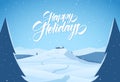 Snowy mountains christmas landscape with path to cartoon house and handwritten lettering of Happy Holidays Royalty Free Stock Photo