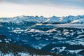 Snowy mountains in Kronplatz, Italy. Golden hour