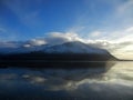 Snowy mountains mirrored in a fjord