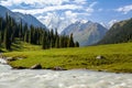 Snowy mountains peak and Karakol river