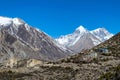 Snowy mountains range in Yak Kharka in Tanki Manang Village in Nepal under blue sky