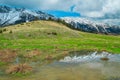 Snowy mountains and small alpine lake  Piatra Craiului mountains  Romania Royalty Free Stock Photo