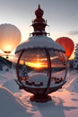 Snowy Mountains and Terrain at Sunset, with Hot Air Balloons Taking Off into the Evening Sky. AI generated