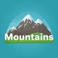 Snowy mountains with text, green hills and simple cloudy sky on a blue background. Royalty Free Stock Photo