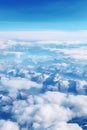 snowy mountains view from an airplane window generative AI Royalty Free Stock Photo