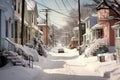 snowy neighborhood street with shoveled sidewalks