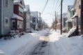 snowy neighborhood street with shoveled sidewalks