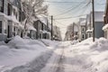 snowy neighborhood street with shoveled sidewalks