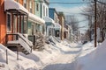 snowy neighborhood street with shoveled sidewalks