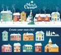 Snowy night in cozy christmas town city panorama. Snowy street with Christmas tree. Winter christmas village night