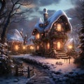 Snowy night in cozy christmas town city panorama. Winter christmas village NIGHT landscape Generative AI technology Royalty Free Stock Photo