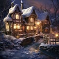 Snowy night in cozy christmas town city panorama. Winter christmas village NIGHT landscape Generative AI technology Royalty Free Stock Photo