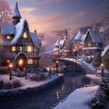 Snowy night in cozy christmas town city panorama. Winter christmas village NIGHT landscape Generative AI technology Royalty Free Stock Photo