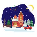 Snowy night in cozy christmas town city panorama. Winter christmas village Royalty Free Stock Photo