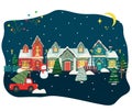 Snowy night in cozy christmas town city panorama. Winter christmas village Royalty Free Stock Photo