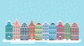 Vector illustration of cute snowy christmas town city panorama witht bright houses. Winter Christmas background Royalty Free Stock Photo