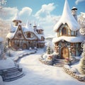 Snowy night in cozy christmas town city panorama. Winter christmas village NIGHT landscape Generative AI technology Royalty Free Stock Photo