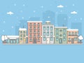 Snowy night in cozy christmas town city panorama. Winter christmas village landscape Royalty Free Stock Photo