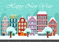 Snowy night in cozy town city panorama. cityscape in Christmas time vector illustration in flat style. Royalty Free Stock Photo