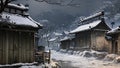 Snowy night in a Japanese village with a wooden cottage and lanterns, AI Generated