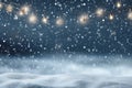 Snowy night with light garlands, falling snow, snowflakes, snowdrift for winter and new year holidays. Holiday winter landscape. Royalty Free Stock Photo