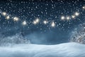 Snowy night with light garlands, falling snow, snowflakes, snowdrift for winter and new year holidays. Holiday winter landscape. Royalty Free Stock Photo